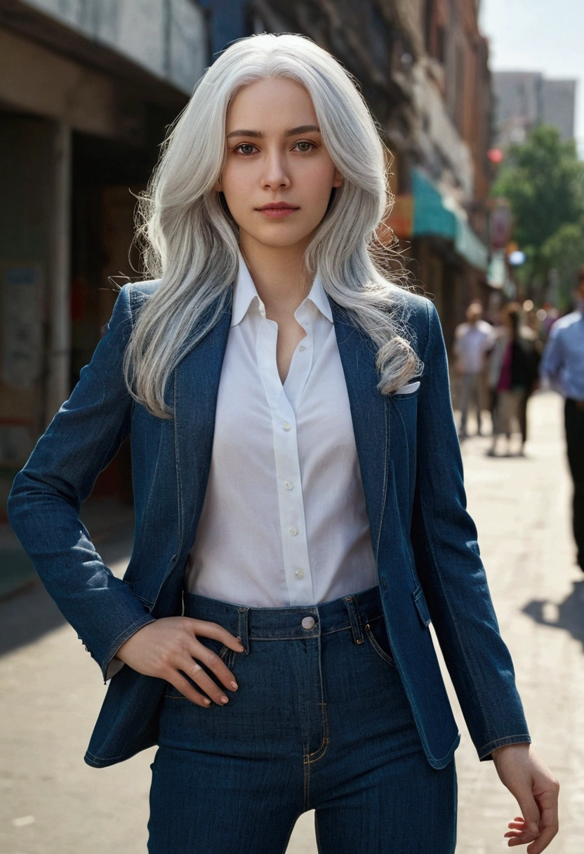 realistic, high resolution, 1 woman, alone, Medium hips, Look at the viewer., (detailed face), white hair, long hair, Wear jeans on the street, decorations,Wear a suit, Office Girl