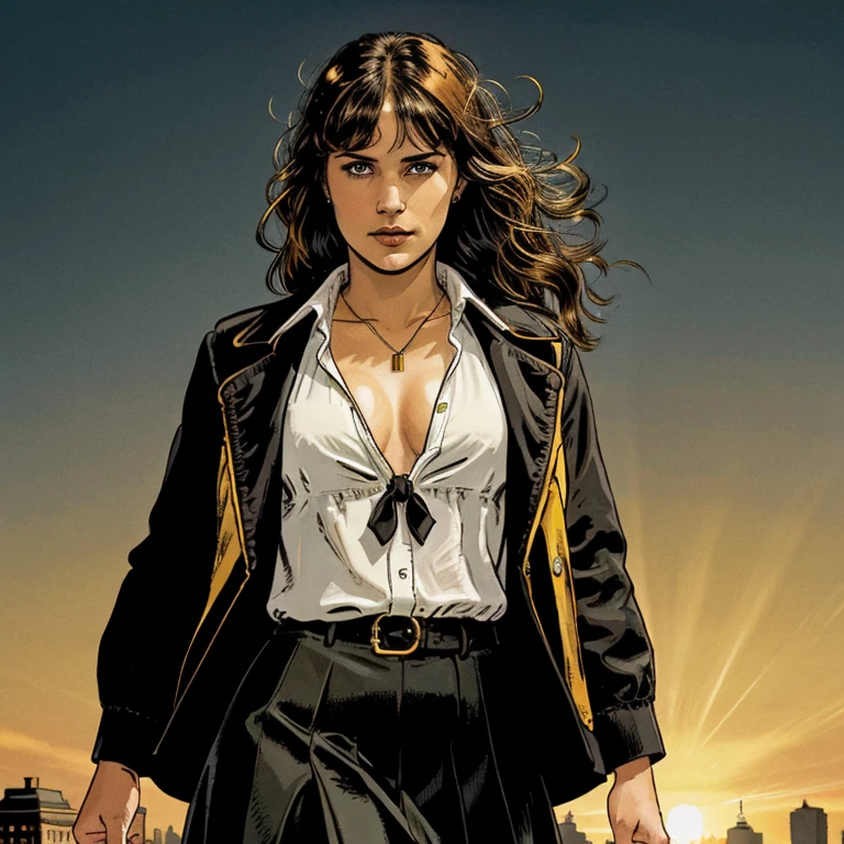 1girl, intricate detail, masterpiece, best quality, extremly detailed,cinematic lighting, beautiful detailed glow, finely detailed beautiful face and eyes, 8k, dark intense shadows, yellow eyes, medium hair, black hair, bangs, floating hair, black jacket, open jacket, white shirt, expressionless, yellow necktie, black skirt, spotlight, sunshine, sunrise, gradient sky, city, lens flare, cowboy shot, [[curvy]], [mature female]