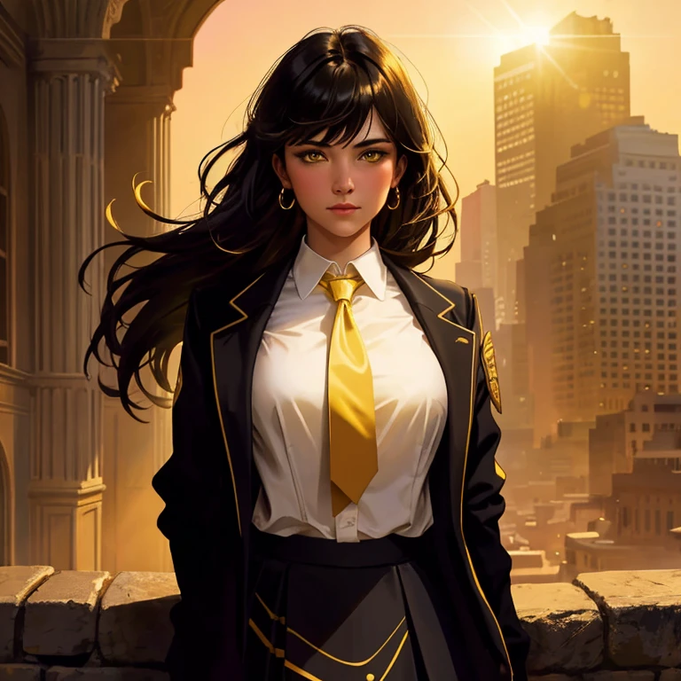 1girl, intricate detail, masterpiece, best quality, extremly detailed,cinematic lighting, beautiful detailed glow, finely detailed beautiful face and eyes, 8k, dark intense shadows, yellow eyes, medium hair, black hair, bangs, floating hair, black jacket, open jacket, white shirt, expressionless, yellow necktie, black skirt, spotlight, sunshine, sunrise, gradient sky, city, lens flare, cowboy shot, [[curvy]], [mature female]