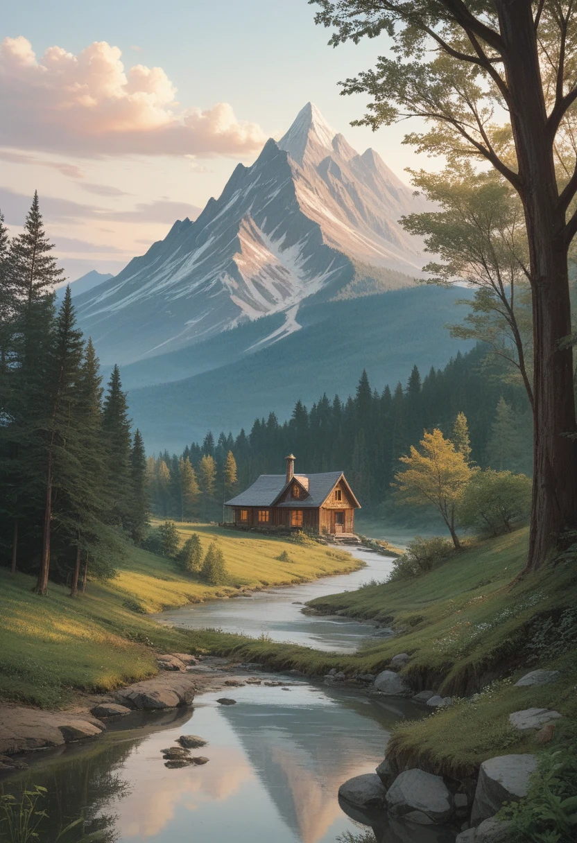 Beautiful house made of wood and glass, next to the mountain, with a stream, majestic and beautiful scenery