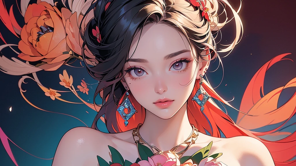 32K, 最高quality, 最高masterpiece, (ultra-Detailed Background, Detailed Background), High resolution, Super detailed, Very detailedな, One girl, (bouquet:1.3), (Tangled:1.2), (Geometric:1.2),(colorful),(masterpiece, quality, best quality, Official Art, Beautiful and beautiful:1.2), (1 girl:1.3), Very detailed,(colorful:1.1)(Flowers:1.3),Most detailed,(Tangled:1.2), whole body, (Abstract background:1.3), (Skin glows), (Many colors:1.4), ,(Earrings Jewelry:1.5), Pale Red Background,