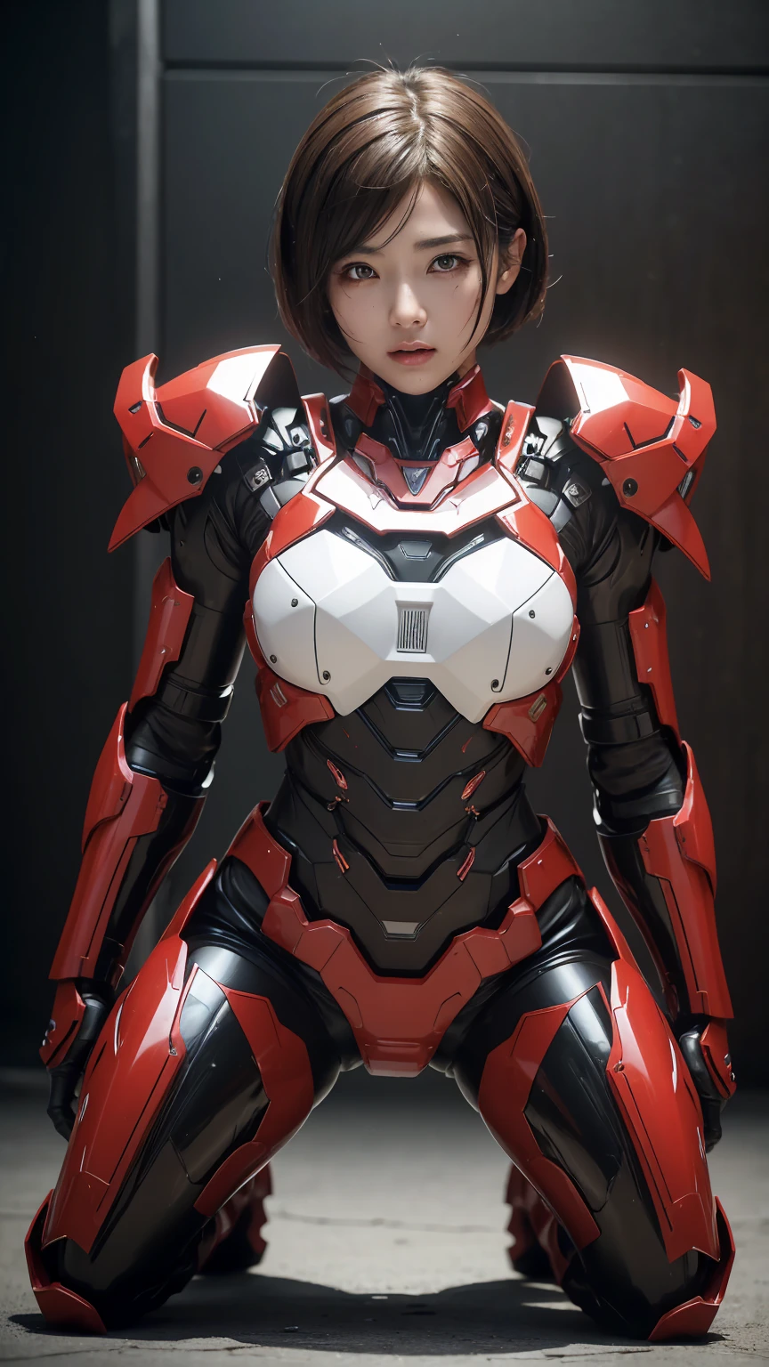 Textured skin, Super Detail, Attention to detail, high quality, 最high quality, High resolution, 1080P, hard disk, beautiful,(War Machine),beautifulサイボーグ女性,red and black mecha cyborg girl,BATTLE MODE,Girl with a mechanical body(armor is red 7、black 3 ratio),She is wearing a futuristic combat weapon mecha、Very Short Hair、Brown eyes、Sweaty face、Tired look、　Open your mouth　Sexy Eyes　Steam coming out of the head　Kneel　Rear View　damage　Smoke from the cracks　Armor peels off