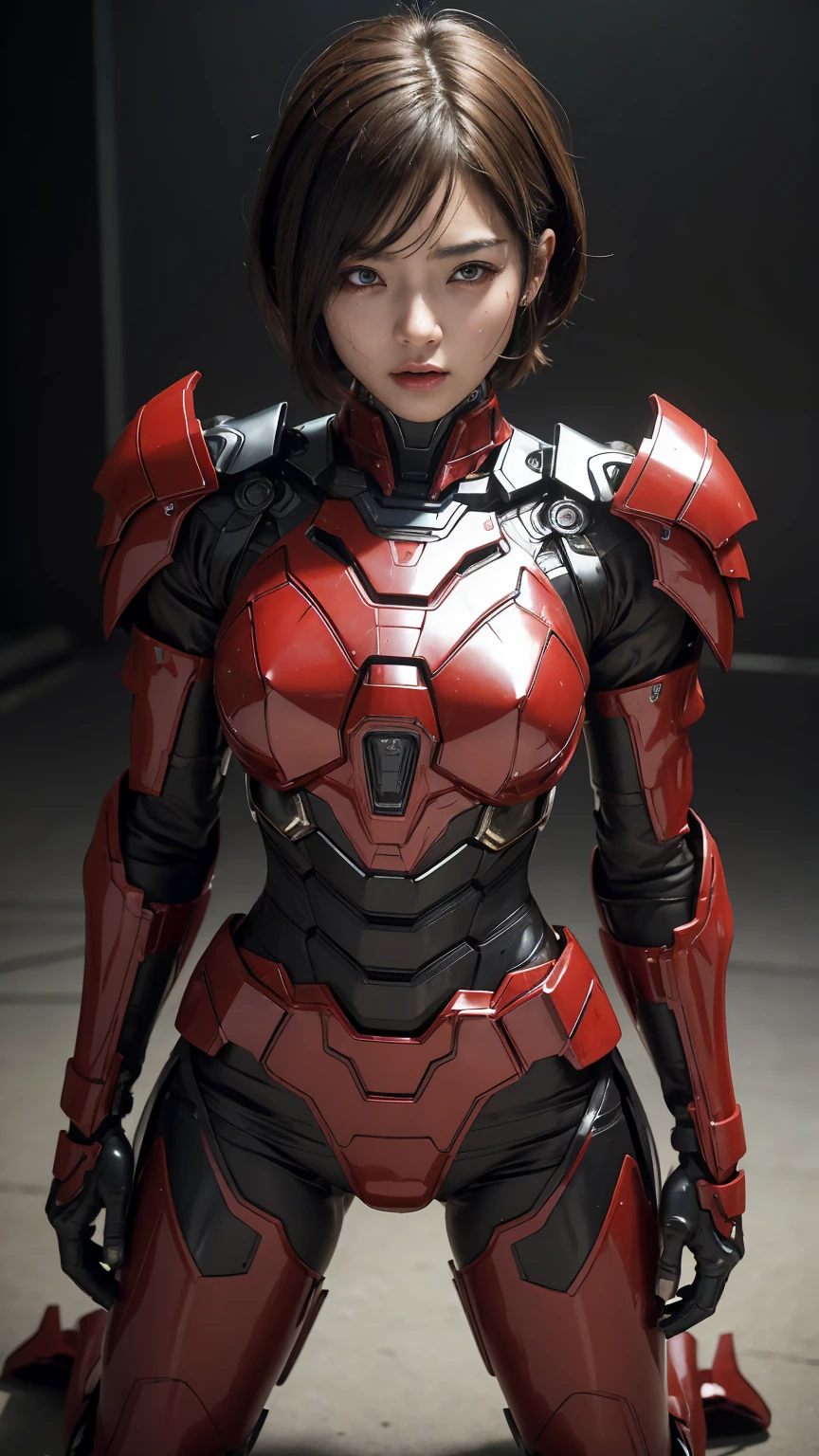 Textured skin, Super Detail, Attention to detail, high quality, 最high quality, High resolution, 1080P, hard disk, beautiful,(War Machine),beautifulサイボーグ女性,red and black mecha cyborg girl,BATTLE MODE,Girl with a mechanical body(armor is red 7、black 3 ratio),She is wearing a futuristic combat weapon mecha、Very Short Hair、Brown eyes、Sweaty face、Tired look、 Open your mouth Sexy Eyes Steam coming out of the head Kneel Rear View damage Smoke from the cracks Armor peels off