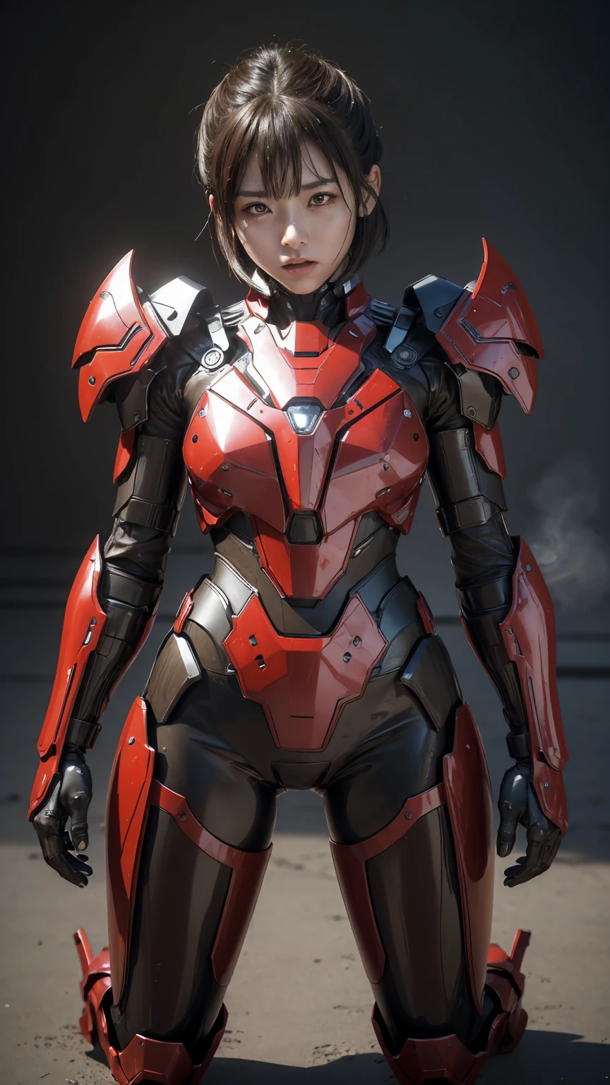 Textured skin, Super Detail, Attention to detail, high quality, 最high quality, High resolution, 1080P, hard disk, beautiful,(War Machine),beautifulサイボーグ女性,red and black mecha cyborg girl,BATTLE MODE,Girl with a mechanical body(armor is red 7、black 3 ratio),She is wearing a futuristic combat weapon mecha、Very Short Hair、Brown eyes、Sweaty face、Tired look、 Open your mouth Sexy Eyes Steam coming out of the head Kneel Rear View damage Smoke from the cracks Armor peels off