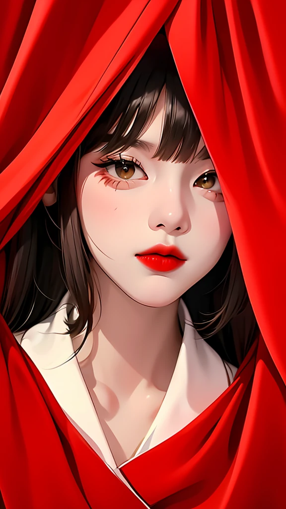 close up of red lips、Red Curtain、Peeking through the curtains