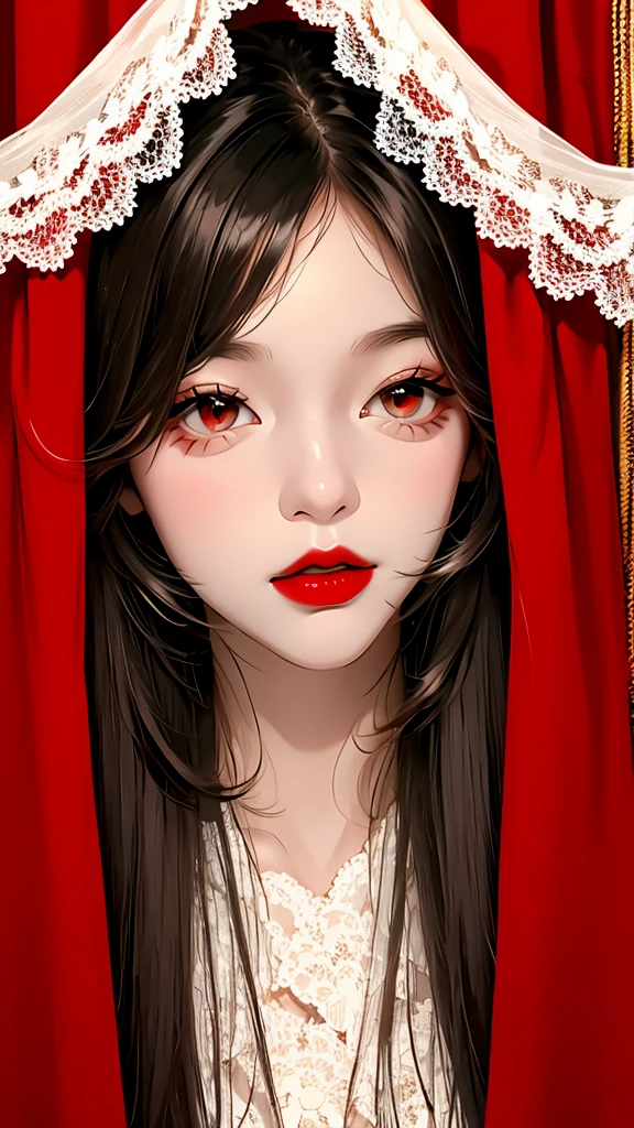 close up of red lips、Red Curtain、Peeking through the curtains
