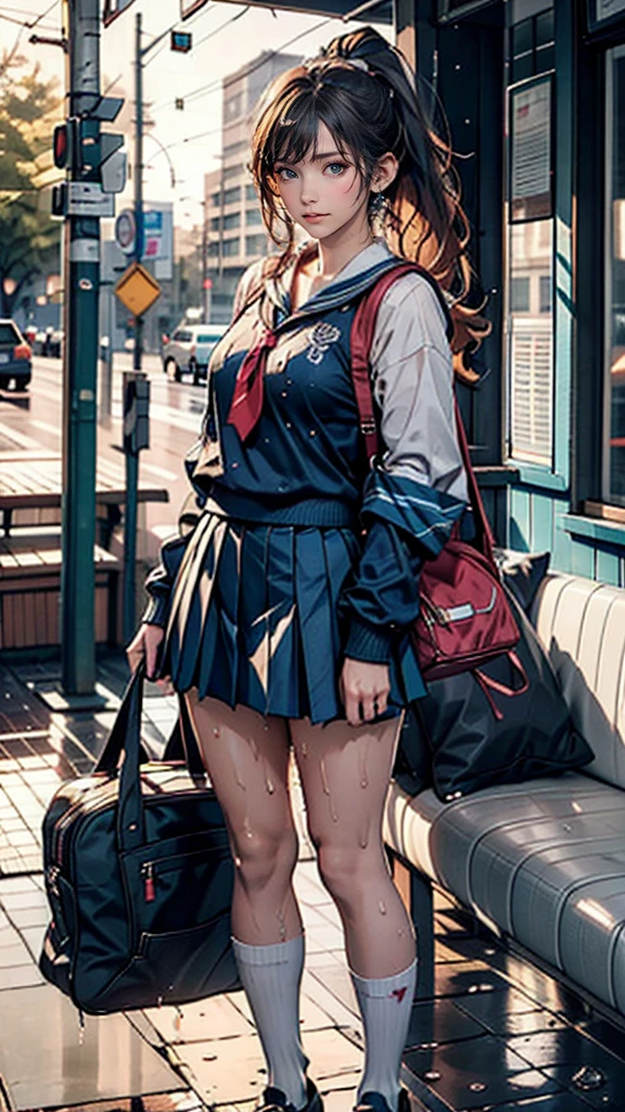 high school girl、Sheer sailor suit(buzzer服、Wet and transparent)、Navy Pleated Skirt、socks、loafers、ponytail、School bag、buzzer、Sudden sunset(rain)、Soaking wet、Her underwear is visible through her old clothes、Rain falls on the waiting room of a dilapidated bus stop