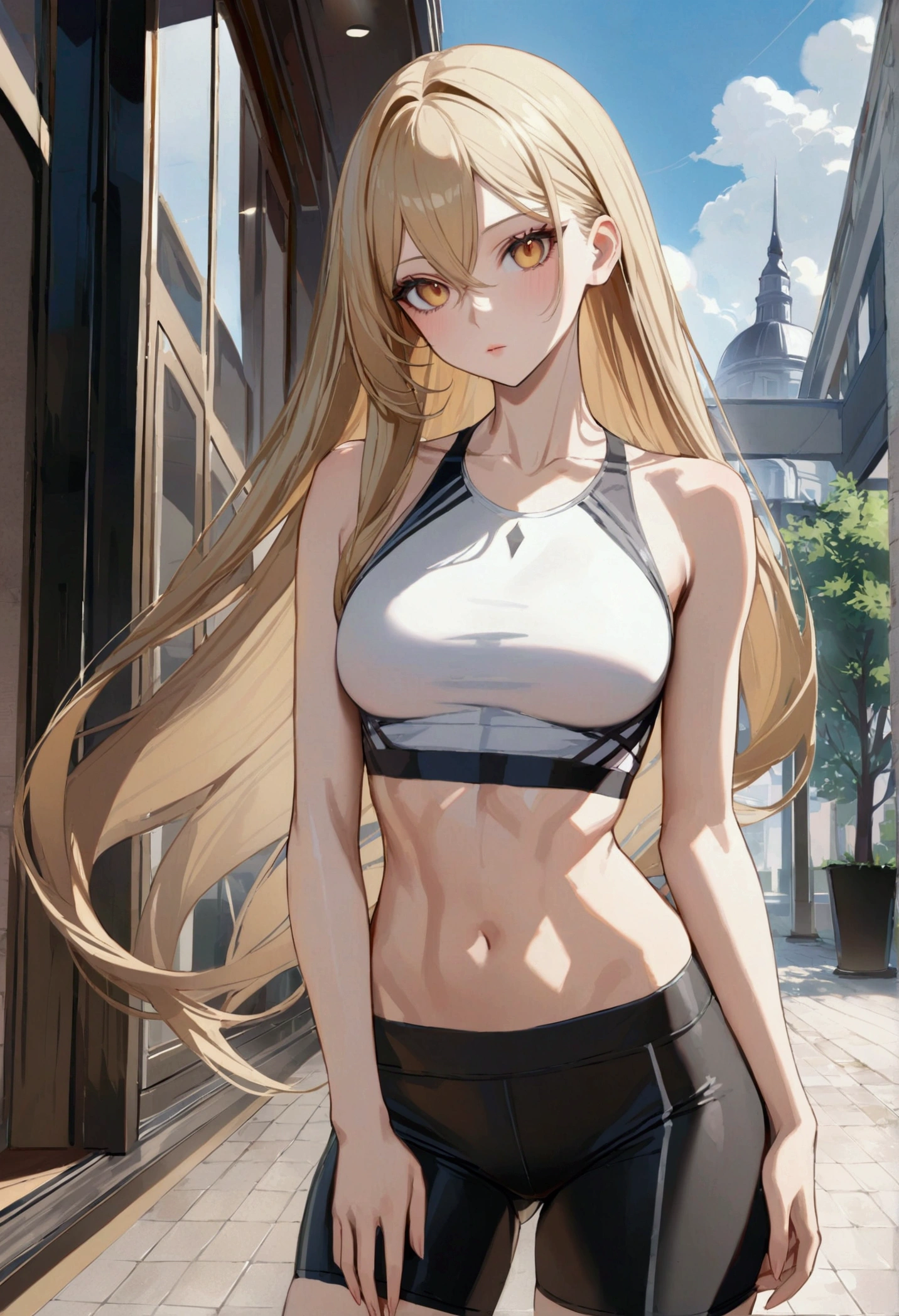 A girl with long dark blonde hair, blonde eyes, fair skin tone, slender and athletic built, modern clothes, detailed hair, detailed body, best quality, aesthetic, 8k