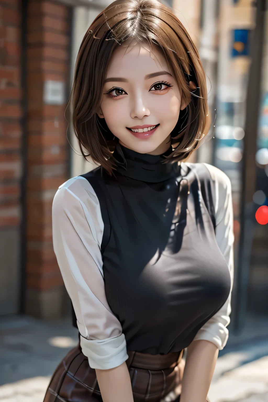 a J-pop idol wearing a turtleneck sweater, (((masterpiece))), ((Highest quality)), ((Complex)), ((surreal)), Bakares, (Mature Woman), ((peerless)), Very detailed, 1 girl, ((Big Breasts)), Beautiful and detailed, Brunette Short Hair, Brown eyes, (turtleneck:1.2), (Tight Skirt), (background: underground), Detailed background, choker, Perfect Eyes, Captivating eyes, Looking at the audience