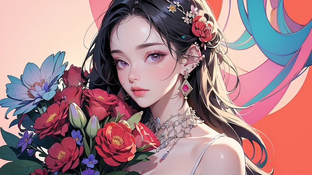 32K, 最高quality, 最高masterpiece, (ultra-Detailed Background, Detailed Background), High resolution, Super detailed, Very detailedな, One girl, (bouquet:1.3), (Tangled:1.2), (Geometric:1.2),(colorful),(masterpiece, quality, best quality, Official Art, Beautiful and beautiful:1.2), (1 girl:1.3), Very detailed,(colorful:1.1)(Flowers:1.3),Most detailed,(Tangled:1.2), whole body, (Abstract background:1.3), (Skin glows), (Many colors:1.4), ,(Earrings Jewelry:1.5), Pale Red Background,