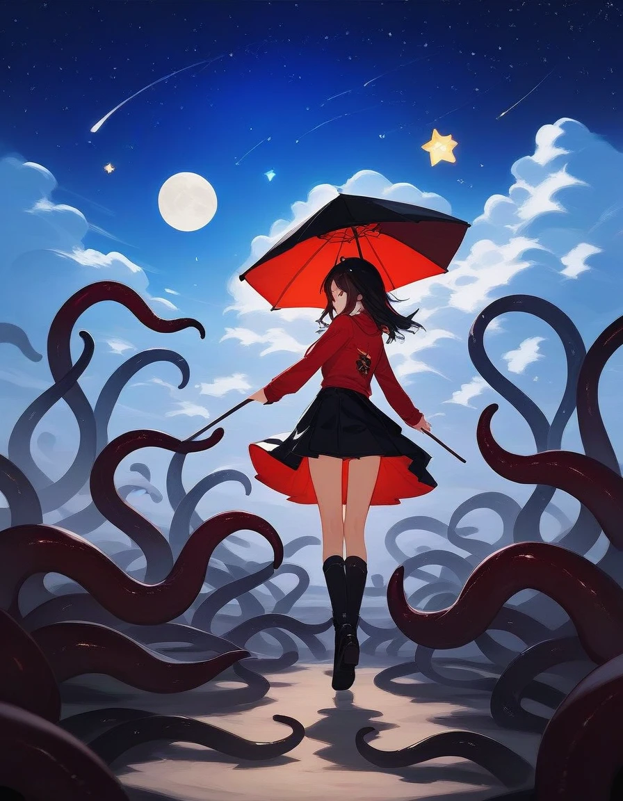 (Fraction_9,Fraction_8_up,Fraction_7_up,Fraction_6_up,Fraction_5_up,Fraction_4_up),1girl,have,witch_have,long_hair,Sky,Tentacles,Solitary,skirt,Keep,Star_(Sky),cloud,witch,Black_Headdress,scylla,long_sleeve,monster_girl,Black_skirt,Keep_umbrella,floating_hair,Starry_Sky,umbrella,Red_hair,floating,Keep_Sticks,Suck_cups,from_behind,Sticks,full_Body,outdoor,