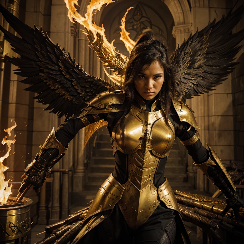 , biomorphic, Biomimetic, botanical, epic female warrior on fire ablaze in black and gold armor with angel wings, horror christian cathedral, nighttime, dungeons and dragons,