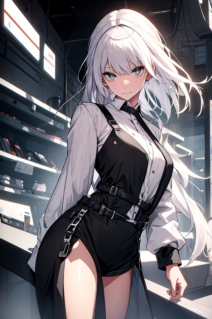 beautiful white hair and harness belts white-black uniform