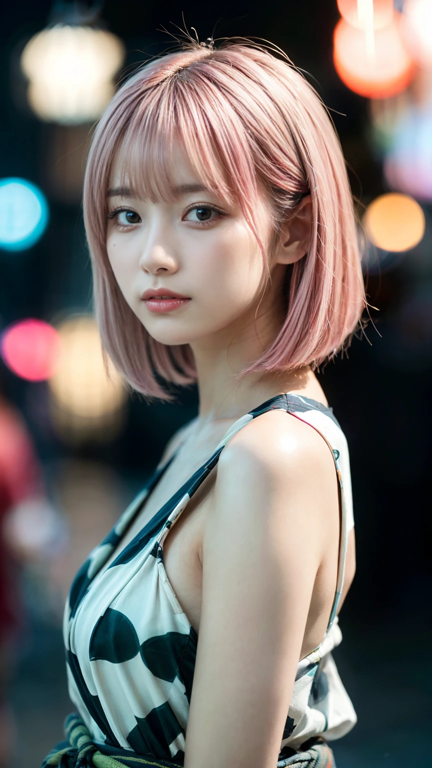 yukata、Summer festival、(highest quality,masterpiece:1.3,超A high resolution,),(super detailed,caustics),(Photoreal:1.4,RAW shooting,)ultra-realistic capture,very detailed,High definition 16K for human skin、 Natural skin texture、、Skin looks even-toned and healthy、 Use natural light and color,one woman,Japanese,,cute,pink haired,middle hair,(Depth of the bounds written、chromatic aberration、、wide range of lighting、natural shading、)、(outdoor lights at night:1.4)、(hair swaying in the wind:1)、short hair