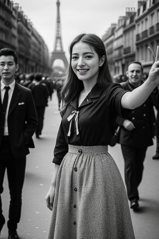 monochrome film, Monotone color ,1944 years,  Liberation of Paris、Happy Crowd、  A Parisian girl , 21 years-old, beautiful girl, （big smile),gesture is peace sign,  1  V sign, on street ,in Paris cafe, standing  pose, around Paris people with French frag, noon  , (masterpiece, highest quality, High resolution, Photo realistic, sharp, RAW Photos, 8k wallpaper, perfection, Professional Lighting, Very detailed)