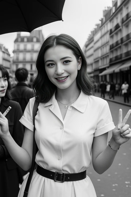 monochrome film, Monotone color ,1944 years,  Liberation of Paris、Happy Crowd、  A Parisian girl , 21 years-old, beautiful girl, （big smile),gesture is peace sign,  1  V sign, on street ,in Paris cafe, standing  pose, around Paris people with French frag, noon  , (masterpiece, highest quality, High resolution, Photo realistic, sharp, RAW Photos, 8k wallpaper, perfection, Professional Lighting, Very detailed)