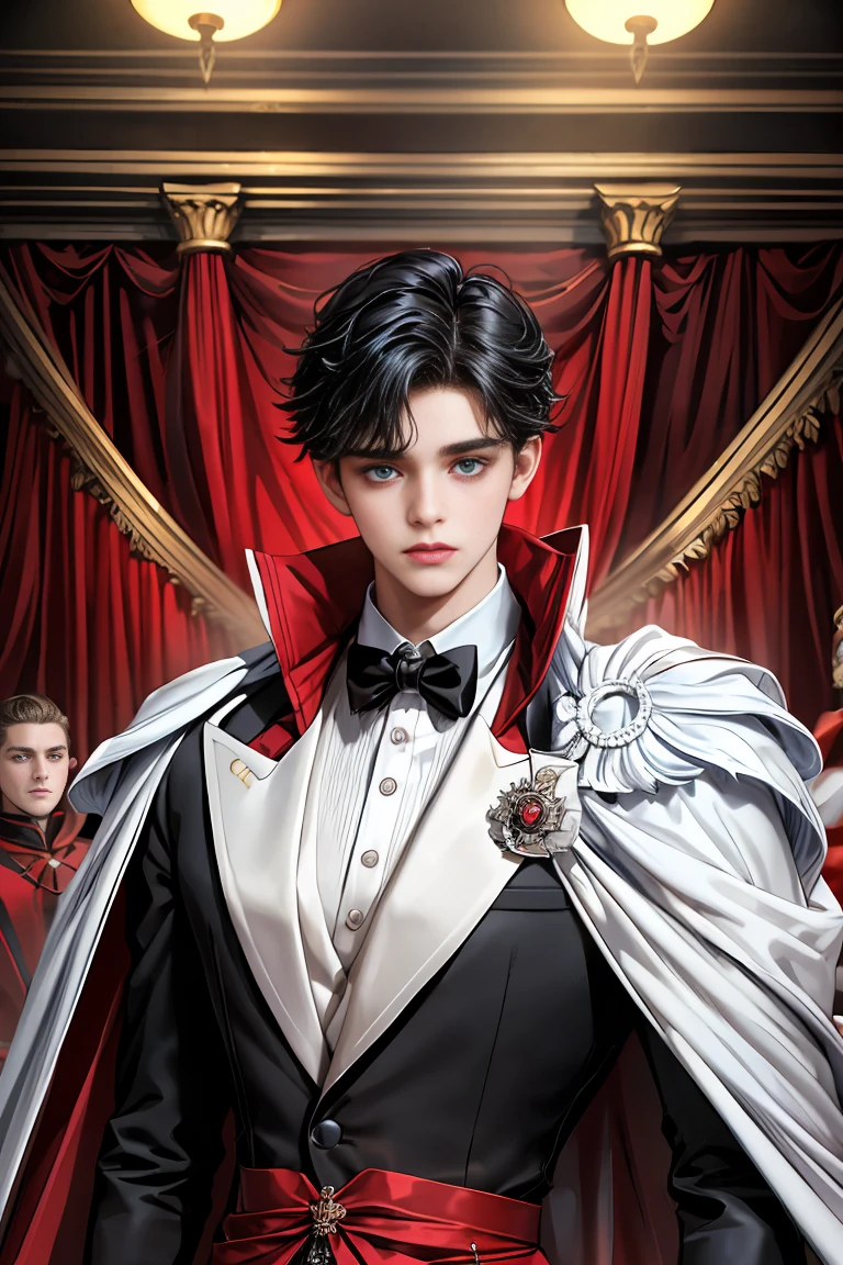masterpiece, 最high quality, high quality, 1 boy, alone, Male focus, Watching the audience, Messy black hair, Adorable big blue eyes, White, Noble, Noble,A sexy, voluminous, puffy cape、tuxedo、A very voluminous, large, very large, very large, long, long red and black cape with a high stand-up collar, made of a lot of fabric that reaches down to the floor., ,Cute beautiful boys,Cute, cute, kind, handsome guy