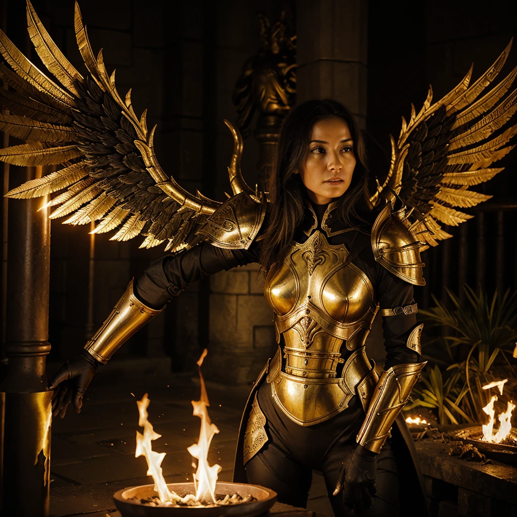 , biomorphic, Biomimetic, botanical, epic female warrior on fire ablaze in black and gold armor with angel wings, horror christian cathedral, nighttime, dungeons and dragons,