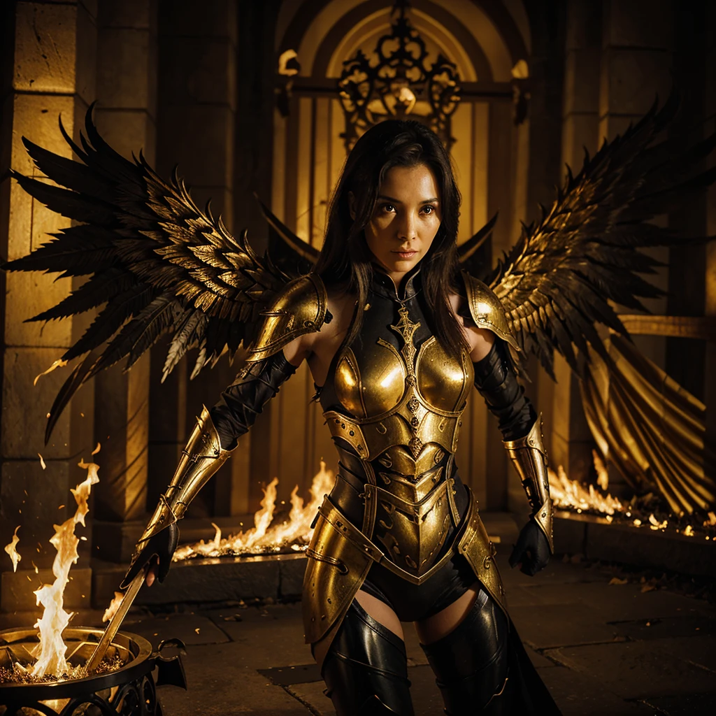 , biomorphic, Biomimetic, botanical,        epic female warrior on fire ablaze in black and gold armor with angel wings, horror christian cathedral, nighttime, dungeons and dragons,