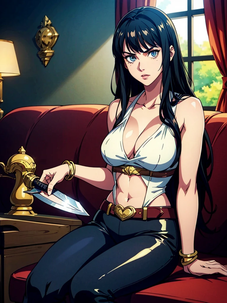 A beautiful woman with long shiny black hair, choppy bangs, a delicate face, a cold proud gaze, a fit figure, a fantasy-style high-necked leather breastplate top, sleeveless, exposes her waist, a bracelet adorns her wrist, tight-fitting leather pants, her right hand holds a Katana with a blue scabbard, she lounges casually sitting on a sofa, this character embodies a finely crafted fantasy-style bounty hunter in anime style, exquisite and mature manga art style, (Alexandra Daddario:1.2), high definition, best quality, highres, ultra-detailed, ultra-fine painting, extremely delicate, professional, anatomically correct, symmetrical face, extremely detailed eyes and face, high quality eyes, creativity, RAW photo, UHD, 32k, Natural light, cinematic lighting, masterpiece-anatomy-perfect, masterpiece:1.5 、 sultry look, seductive