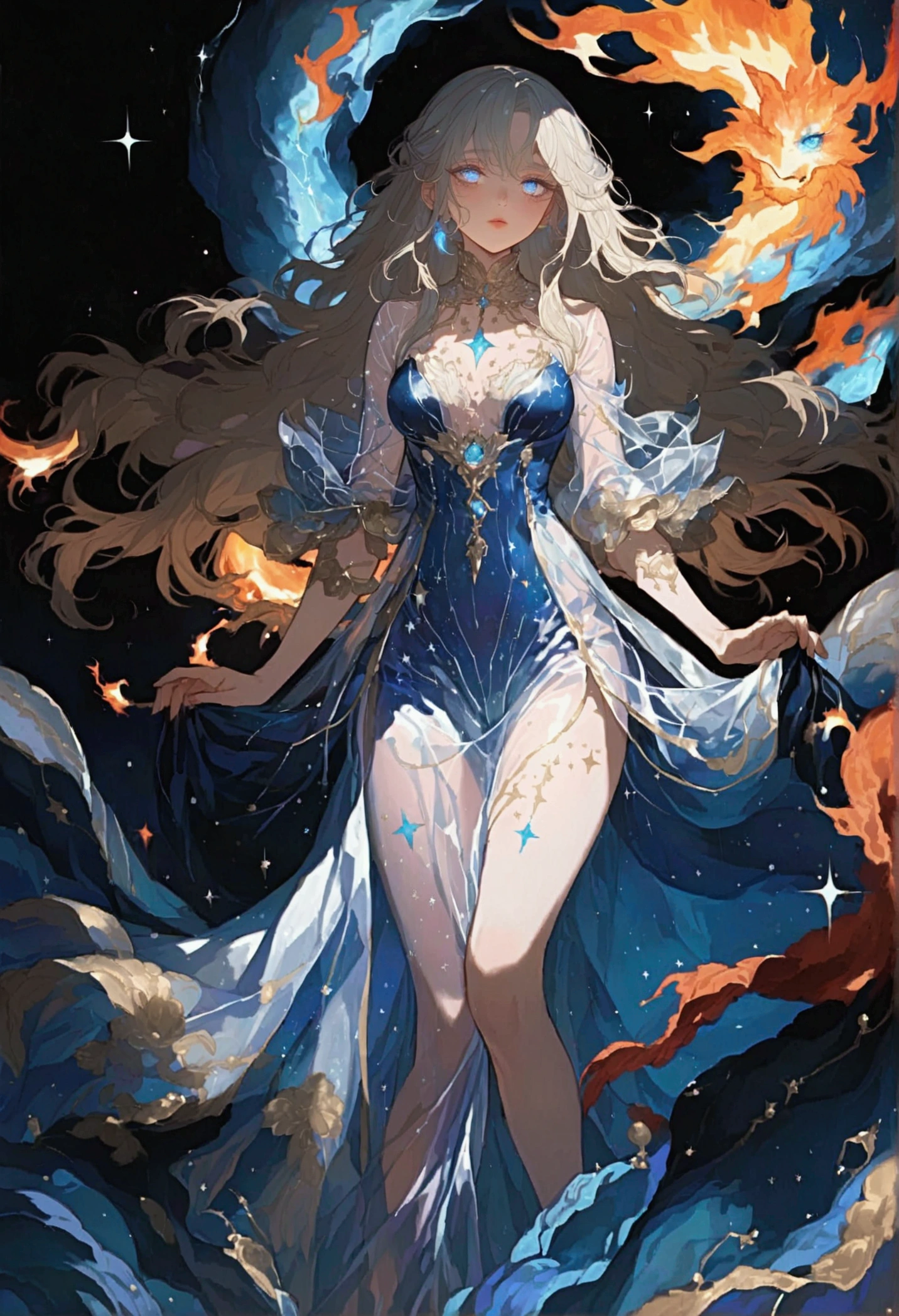 ( absurd , high quality , Very detailed),Constellation-Sagittarius Goddess,Deep blue eyes ,(Eye details) , Long hair,shining , Transparent dress , In the sea of stars , whole body , fire