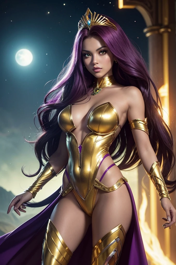 Create a detailed image of Starfire (starfire) from DC Comics comics. It must have the following attributes:body hair: far away, fluent and fire-red.Skinned: gilded, with a subtle glow that indicates its alien origin.eyeballs: Big and bright green, transmitting energy and power.badass clothing: A purple costume that combines elements of an alien warrior with a princess, incorporating golden metallic details. The costume must be elegant and at the same time functional for combat.enviroment: A futuristic or alien setting, perhaps with a background landscape that includes advanced technology or lush nature.Accessories: Include a tiara or diadem that suggests royalty, and perhaps jewelry or adornments that complement your look.
