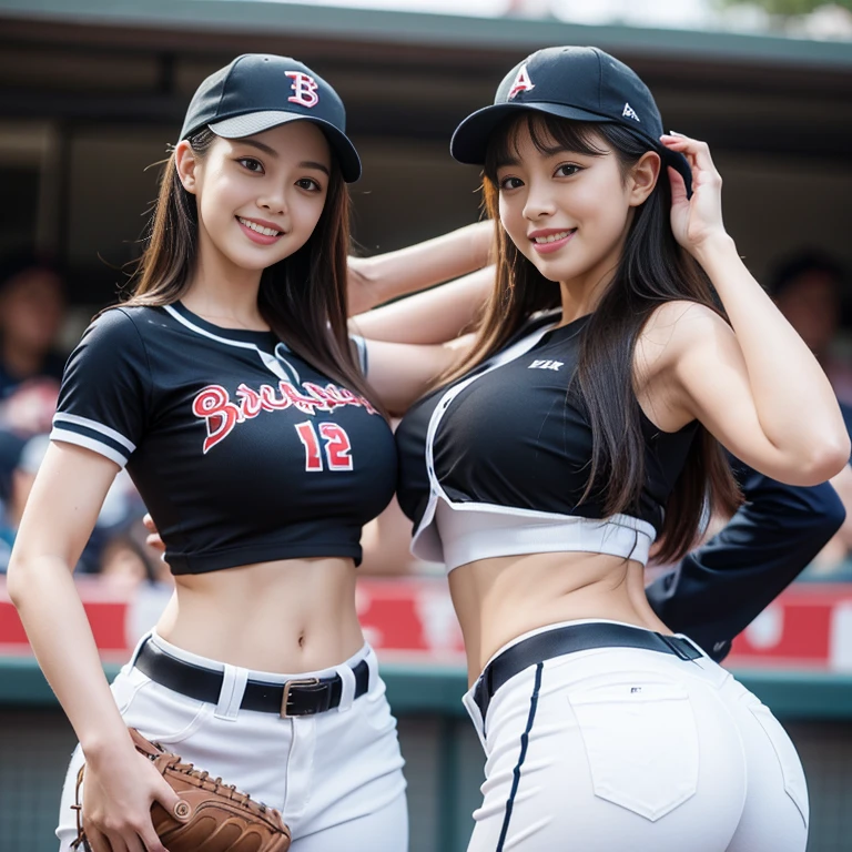 girl, Cleavage、Big Ass、Toothy smile, Large Breasts, Tight waist, Baseball uniforms, Crop Top Look,