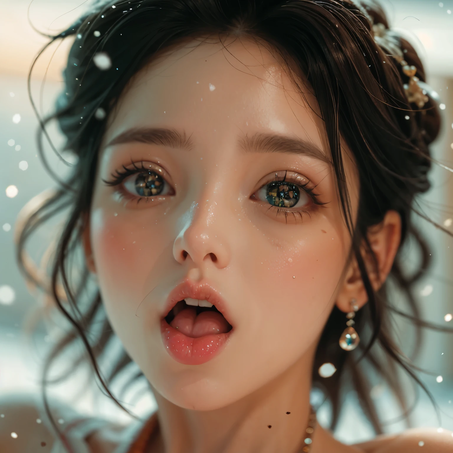 ExtremelyDetailed Kawaii girl Face,(Close-up Sweet lips), glossy lips with beautiful details, Coquettish tongue, Kissing to camera, towards the viewer, 8K TopQuality masterpiece,an extremely delicate and beautiful (ProfessionalPhoto:1.37), {Amazing|finely detail|official art|incredibly absurdres},ultra-detailed close-up shot, close up, (fish eye lens), wide lens, macro lens, Detailed reflective Eyes ElaboratePupils with (sparkling highlights:1.28) (Delicate Voluminous LongEyelashes:0.88), {(Tilted face:1.22)|Visible back of throat|saliva drips|naked shoulder}, (Dripping juice on tongue:1.18) snow particles