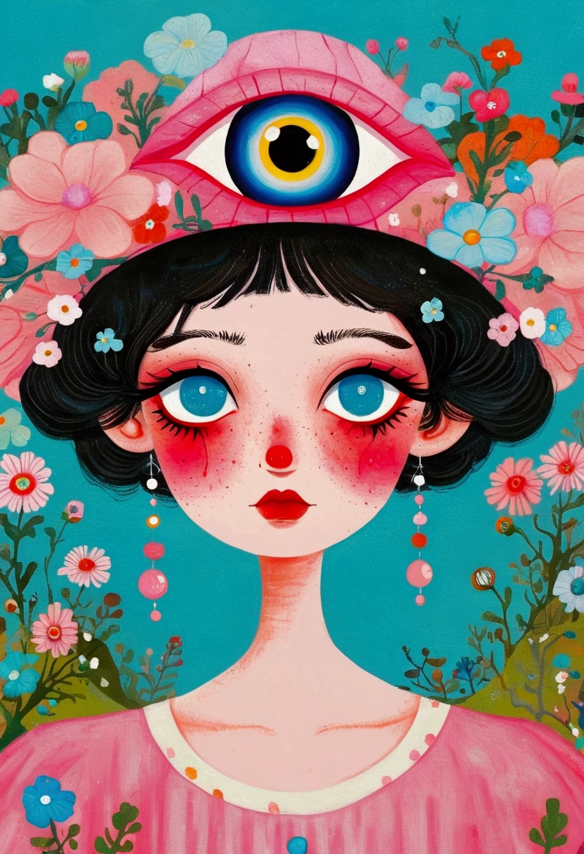 There is a person in the painting wearing a pink flower hat、Blue Eyed Woman, Mab Graves's Surrealism, Winner of the Behance competition, Pop surrealism, Psychedelic illustration, The Third Eye, Color illustrations, mystical The Third Eye, Pop surrealism lowbrow art style, Juster Battle, Portrait of a mysterious giant eye, Whimsical and psychedelic, Third Eye Vision, lowbrow Pop surrealism