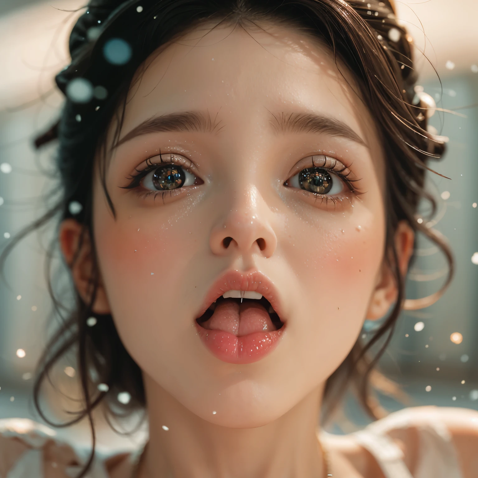 ExtremelyDetailed Kawaii girl Face,(Close-up Sweet lips), glossy lips with beautiful details, Coquettish tongue, Kissing to camera, towards the viewer, 8K TopQuality masterpiece,an extremely delicate and beautiful (ProfessionalPhoto:1.37), {Amazing|finely detail|official art|incredibly absurdres},ultra-detailed close-up shot, close up, (fish eye lens), wide lens, macro lens, Detailed reflective Eyes ElaboratePupils with (sparkling highlights:1.28) (Delicate Voluminous LongEyelashes:0.88), {(Tilted face:1.22)|Visible back of throat|saliva drips|naked shoulder}, (Dripping juice on tongue:1.18) snow particles
