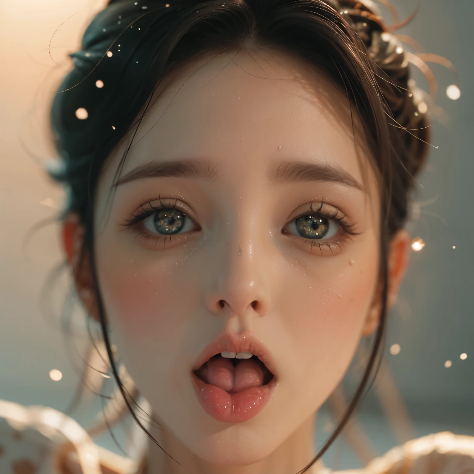 ExtremelyDetailed Kawaii girl Face,(Close-up Sweet lips), glossy lips with beautiful details, Coquettish tongue, Kissing to camera, towards the viewer, 8K TopQuality masterpiece,an extremely delicate and beautiful (ProfessionalPhoto:1.37), {Amazing|finely detail|official art|incredibly absurdres},ultra-detailed close-up shot, close up, (fish eye lens), wide lens, macro lens, Detailed reflective Eyes ElaboratePupils with (sparkling highlights:1.28) (Delicate Voluminous LongEyelashes:0.88), {(Tilted face:1.22)|Visible back of throat|saliva drips|naked shoulder}, (Dripping juice on tongue:1.18) snow particles