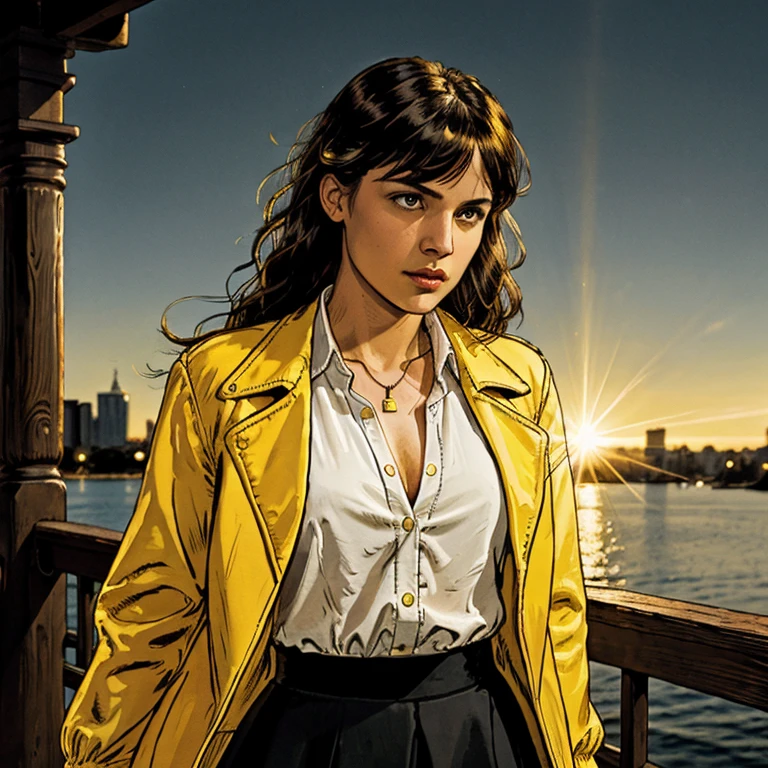 1girl, intricate detail, masterpiece, best quality, extremly detailed,cinematic lighting, beautiful detailed glow, finely detailed beautiful face and eyes, 8k, dark intense shadows, yellow eyes, medium hair, black hair, bangs, floating hair, black jacket, open jacket, white shirt, expressionless, yellow necktie, black skirt, spotlight, sunshine, sunrise, gradient sky, city, lens flare, cowboy shot, [[curvy]], [mature female]