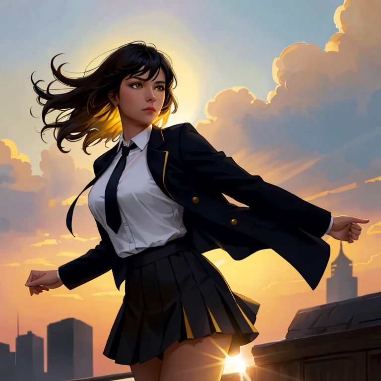 1girl, intricate detail, masterpiece, best quality, extremly detailed,cinematic lighting, beautiful detailed glow, finely detailed beautiful face and eyes, 8k, dark intense shadows, yellow eyes, medium hair, black hair, bangs, floating hair, black jacket, open jacket, white shirt, expressionless, yellow necktie, black skirt, spotlight, sunshine, sunrise, gradient sky, city, lens flare, cowboy shot, [[curvy]], [mature female]