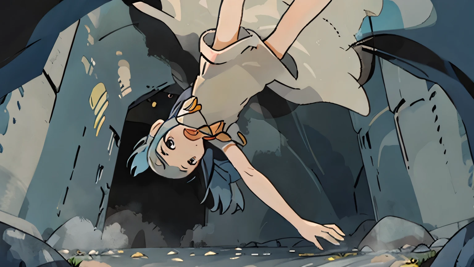 a , wearing a white dress, white dress sleeveless, in a cave, big and dark cave, feeling pain, falling to the ground, falling backwards to the floor