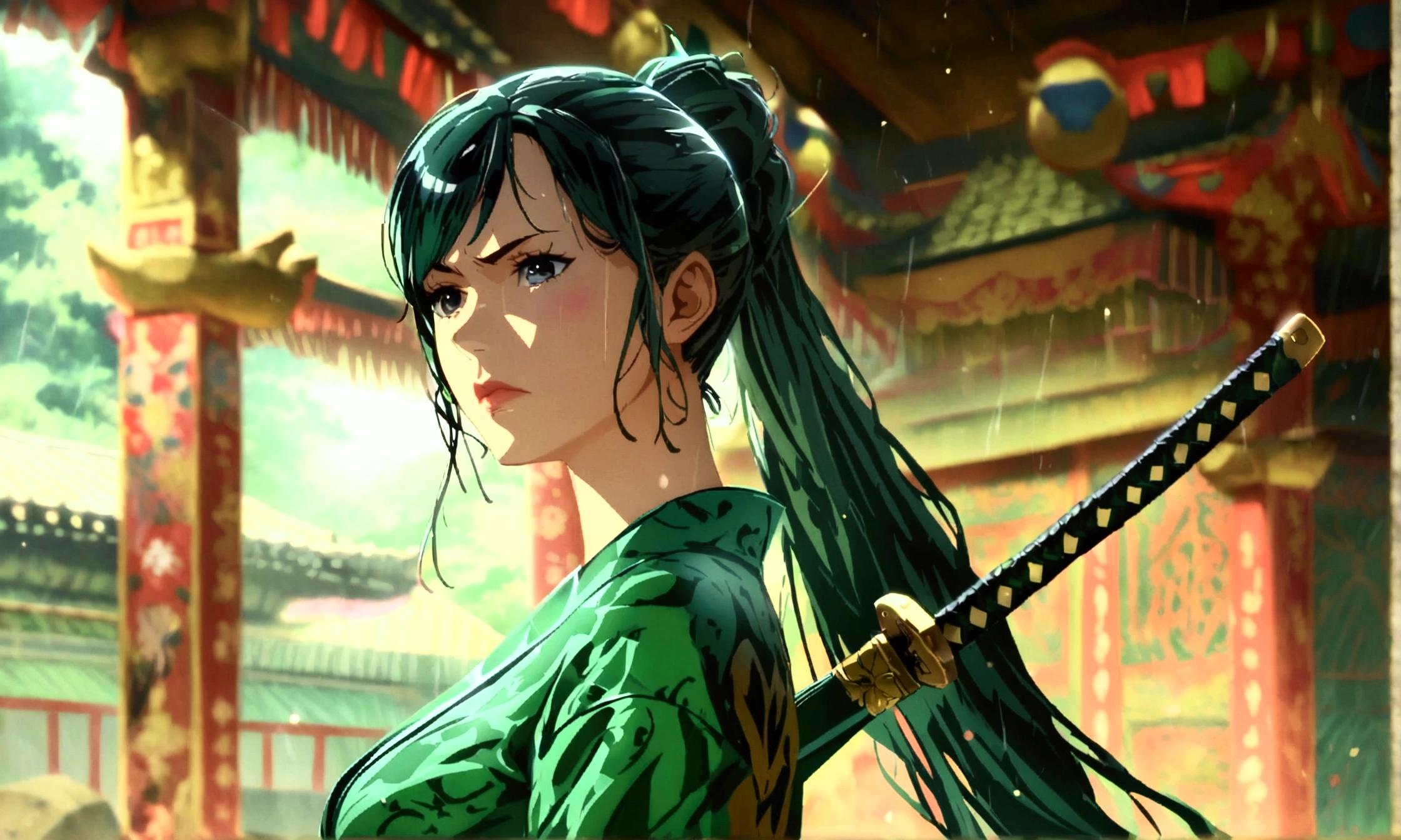 Beautiful mature woman, long dark green hair, ponytail, black eyes, green dress shirt, black dress pants, serious expression, green katana, dojo background, "Anime character design inspired by One Piece, full of dramatic and impressive lighting, focus on the centralized character, impressive face, full of creative details, ultra-fine 4K design, scenery bathed in creativity, boasting 2D anime resolution clarity, HD anime graphics, high-octane rendering"