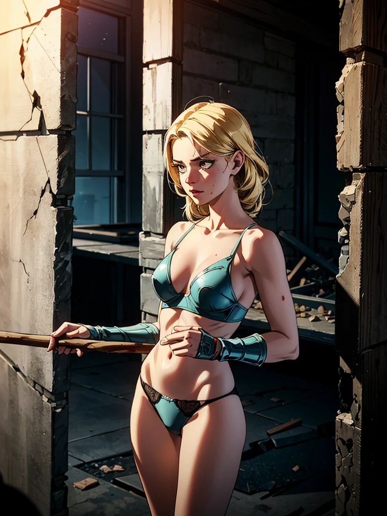 Dry sand dystopian world, dust and wind, in shattered concrette build ruins, servicing beautiful sexy blonde black haired woman victim warrior in rags and torn under panties, holding sharpend wooden stick tip covered in blood, no armor, no guns, 36k resolution, hyperdetailed, modern impresionism sereal and realism art style、 sultry look, seductive