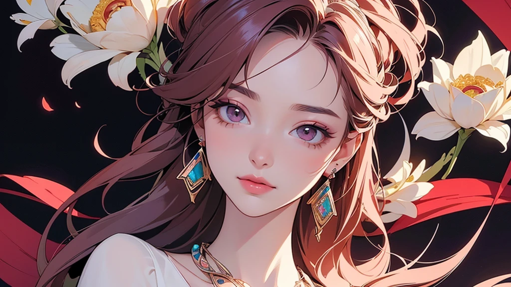 32K, 最高quality, 最高masterpiece, (ultra-Detailed Background, Detailed Background), High resolution, Super detailed, Very detailedな, One girl, (bouquet:1.3), (Tangled:1.2), (Geometric:1.2),(colorful),(masterpiece, quality, best quality, Official Art, Beautiful and beautiful:1.2), (1 girl:1.3), Very detailed,(colorful:1.1)(Flowers:1.3),Most detailed,(Tangled:1.2), whole body, (Abstract background:1.3), (Skin glows), (Many colors:1.4), ,(Earrings Jewelry:1.5), Pale Red Background,