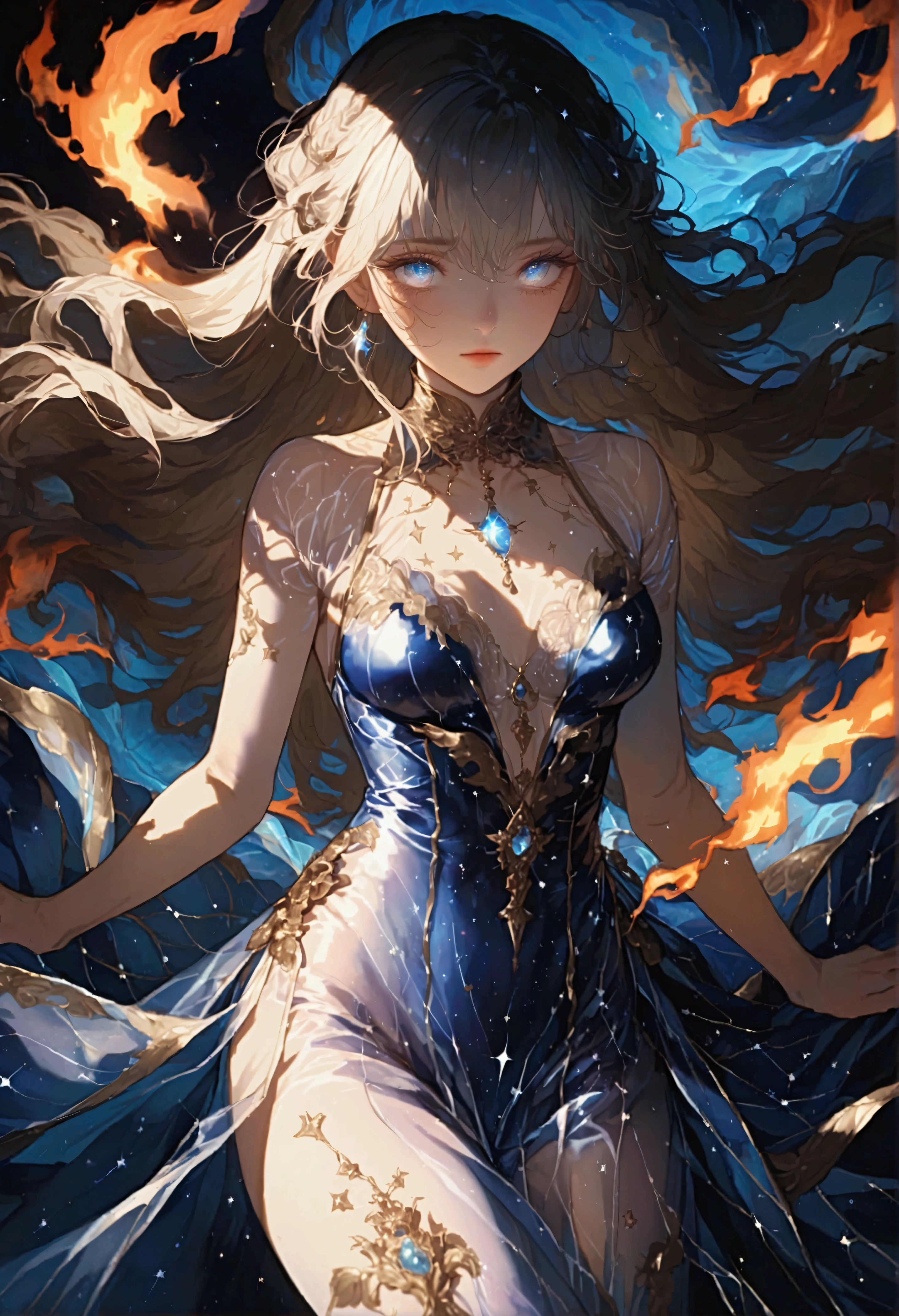 ( absurd , high quality , Very detailed),Constellation-Sagittarius Goddess,Deep blue eyes ,(Eye details) , Long hair,shining , Transparent dress , In the sea of stars , whole body , fire
