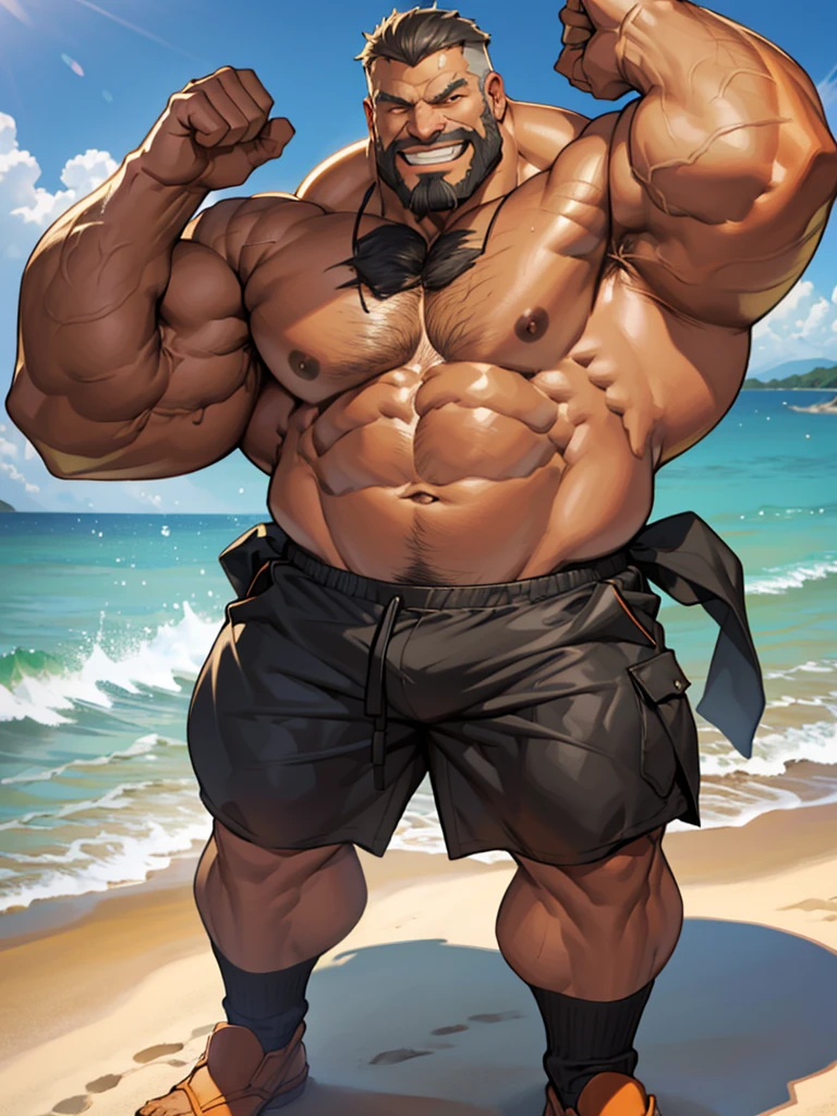 1boy, 1man, solo. beach, extremely huge muscular, massive muscular, full-body , (topless, shirtless, shorts), well-muscled old man. ((extremely muscle size, super thick arms, huge pec, extremely wide pectoral , huge arms)), wide smiling. Add textures and details to make the image more realistic, such as the appearance of the. Make sure the resulting image is high resolution, 8K quality