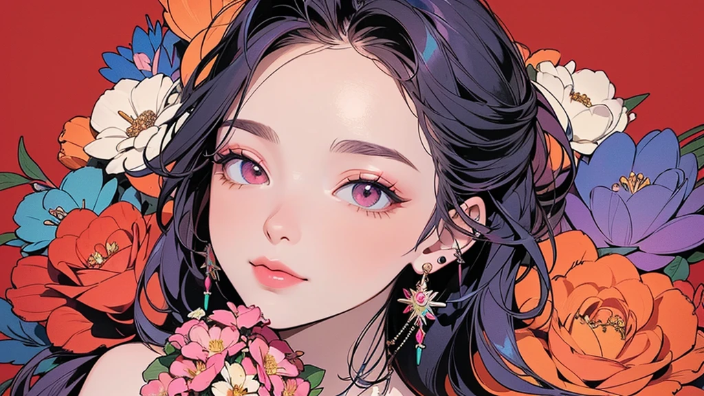 32K, 最高quality, 最高masterpiece, (ultra-Detailed Background, Detailed Background), High resolution, Super detailed, Very detailedな, One girl, (bouquet:1.3), (Tangled:1.2), (Geometric:1.2),(colorful),(masterpiece, quality, best quality, Official Art, Beautiful and beautiful:1.2), (1 girl:1.3), Very detailed,(colorful:1.1)(Flowers:1.3),Most detailed,(Tangled:1.2), whole body, (Abstract background:1.3), (Skin glows), (Many colors:1.4), ,(Earrings Jewelry:1.5), Pale Red Background,