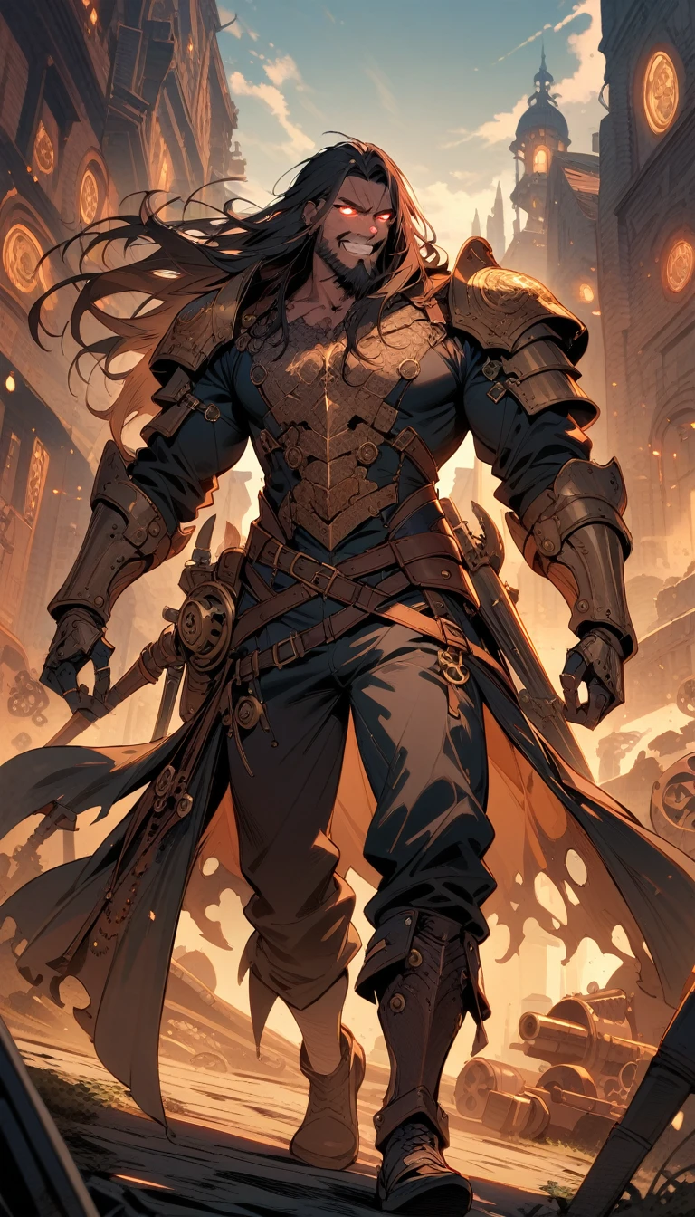 ((best quality)) , ((masterpiece)) , (detailed),teeth, weapon, gauntlets, armor, (((1boy))), glowing eyes, outdoors, glowing, official alternate costume, pants, facial hair, male focus, colored skin, bangs, shoulder armor, muscular male, long hair, beard,pop steampunk style . antique, mechanical, brass and copper tones, gears, intricate, detailed