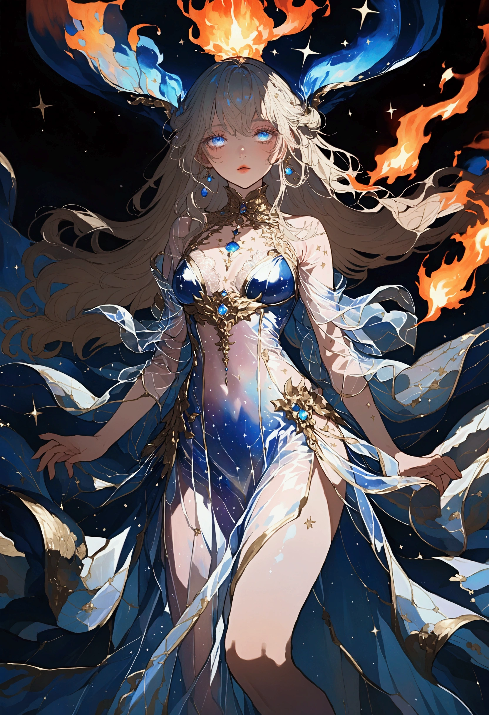 ( absurd , high quality , Very detailed),Constellation-Sagittarius Goddess,Deep blue eyes ,(Eye details) , Long hair,shining , Transparent dress , In the sea of stars , whole body , fire