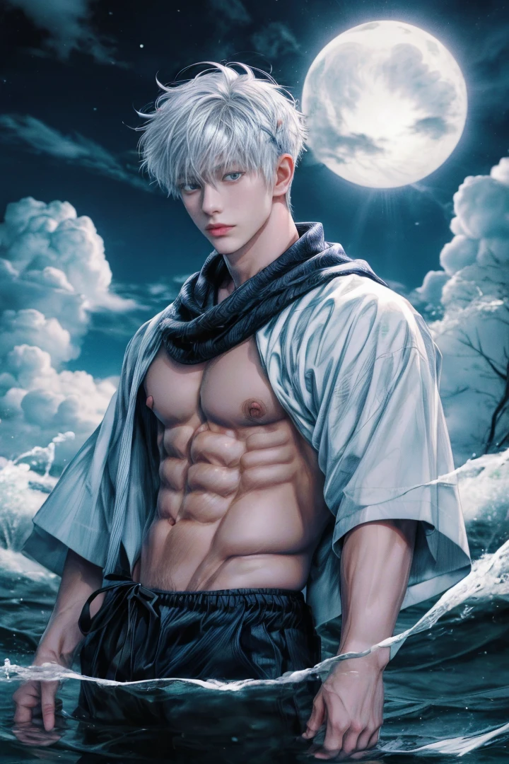 Japanese male model, Portrait, adult, handsome, perfect face detail, detailed eyes and face, clean shaved, sixpack realistic, white eyebrow hair, white eyelashes, dynamic lighting, unreal engine 5, hd picture, satoru gojo, white hair, short hair ,hair between eyes ,blue eyes, white skin, Water details, Month details, Cloud details