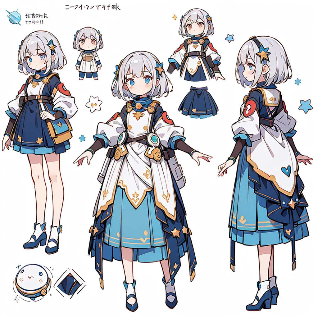 ((masutepiece)), (Highest Quality))), ((CharacterDesignSheet, Space Costume, Same character, front, Side, Back)), Illustration,1girl, fullbody, character design, silver hair flowery, (star accessory), high quality, wide shot,environment change scene, detailed background of space colony,v tuber, (Simple background, White background: 1.3) ( masutepiece:1.2), (Best Quality:1.3),Spacesuit