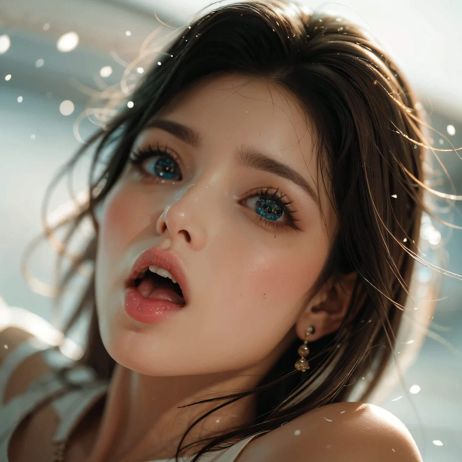 ExtremelyDetailed Kawaii girl Face,(Close-up Sweet lips), glossy lips with beautiful details, Coquettish tongue, Kissing to camera, towards the viewer, 8K TopQuality masterpiece,an extremely delicate and beautiful (ProfessionalPhoto:1.37), {Amazing|finely detail|official art|incredibly absurdres},ultra-detailed close-up shot, close up, (fish eye lens), wide lens, macro lens, Detailed reflective Eyes ElaboratePupils with (sparkling highlights:1.28) (Delicate Voluminous LongEyelashes:0.88), {(Tilted face:1.22)|Visible back of throat|saliva drips|naked shoulder}, (Dripping juice on tongue:1.18) snow particles