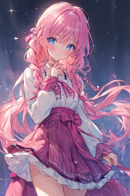 a cute girl with blushing face, intricate braids, piercing blue eyes, ribbon, sparkling effects, pink hair, highly detailed, photorealistic, 8k, masterpiece, cinematic lighting, lush environment, vibrant colors
