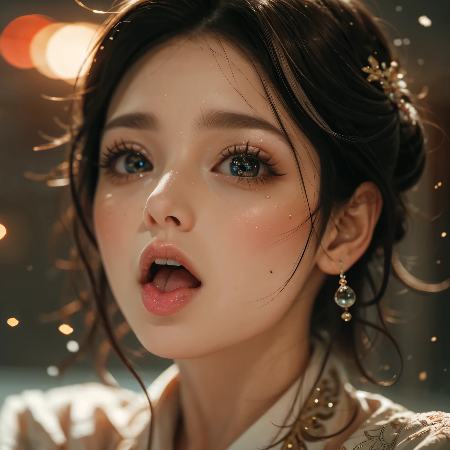 ExtremelyDetailed Kawaii girl Face,(Close-up Sweet lips), glossy lips with beautiful details, Coquettish tongue, Kissing to camera, towards the viewer, 8K TopQuality masterpiece,an extremely delicate and beautiful (ProfessionalPhoto:1.37), {Amazing|finely detail|official art|incredibly absurdres},ultra-detailed close-up shot, close up, (fish eye lens), wide lens, macro lens, Detailed reflective Eyes ElaboratePupils with (sparkling highlights:1.28) (Delicate Voluminous LongEyelashes:0.88), {(Tilted face:1.22)|Visible back of throat|saliva drips|naked shoulder}, (Dripping juice on tongue:1.18) snow particles
