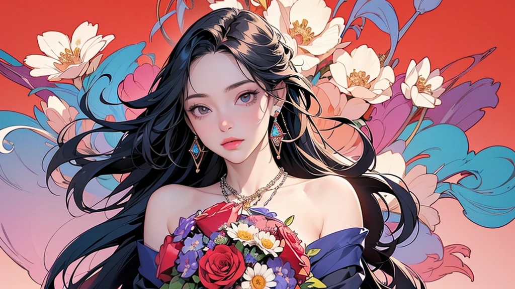 32K, 最高quality, 最高masterpiece, (ultra-Detailed Background, Detailed Background), High resolution, Super detailed, Very detailedな, One girl, (bouquet:1.3), (Tangled:1.2), (Geometric:1.2),(colorful),(masterpiece, quality, best quality, Official Art, Beautiful and beautiful:1.2), (1 girl:1.3), Very detailed,(colorful:1.1)(Flowers:1.3),Most detailed,(Tangled:1.2), whole body, (Abstract background:1.3), (Skin glows), (Many colors:1.4), ,(Earrings Jewelry:1.5), Pale Red Background,