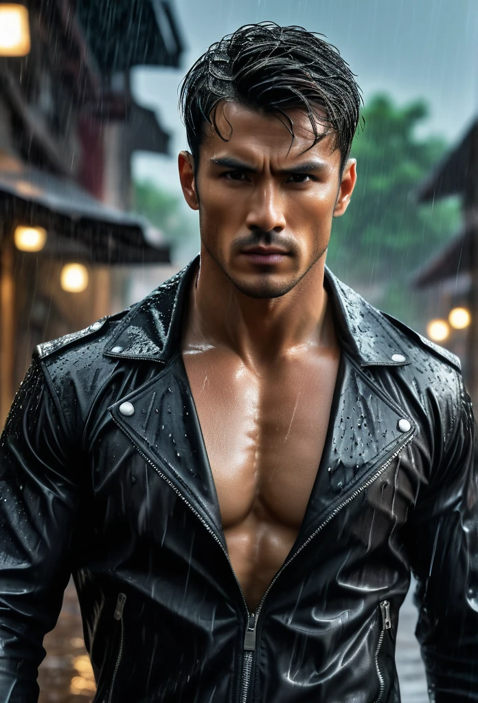 acting（（（martial arts superstar））,black pants, realist:1.3,( fotorrealist, 8K, original photo, high quality, masterpiece, epic lights. close up, center image), (prospect),((1 Handsome guy with confident and well-proportioned muscles, post apocalyptic, Guerrero, Rostro y cuerpo perfectamente detallados, (prospect), rain scene, Poor lighting due to rain,(( My face and body were soaked by the rain:1.5)),lightning lighting, dynamic poses, beautiful fine hair, Leather jacket)),  ((imaginative scenes)),((perfect, meticulously.:1.3)), ((panoramic: 1.4)), ((best quality )), ((masterpiece)), 3d, (Super detailed: 1.3), ((epic scenery: 1.3)), ((night background: 1.3 ))), (((night:1.2))), ( lifelike: 1.4), ((Front camera)),( (Low-light night cinematic lighting: 1.2)). 32