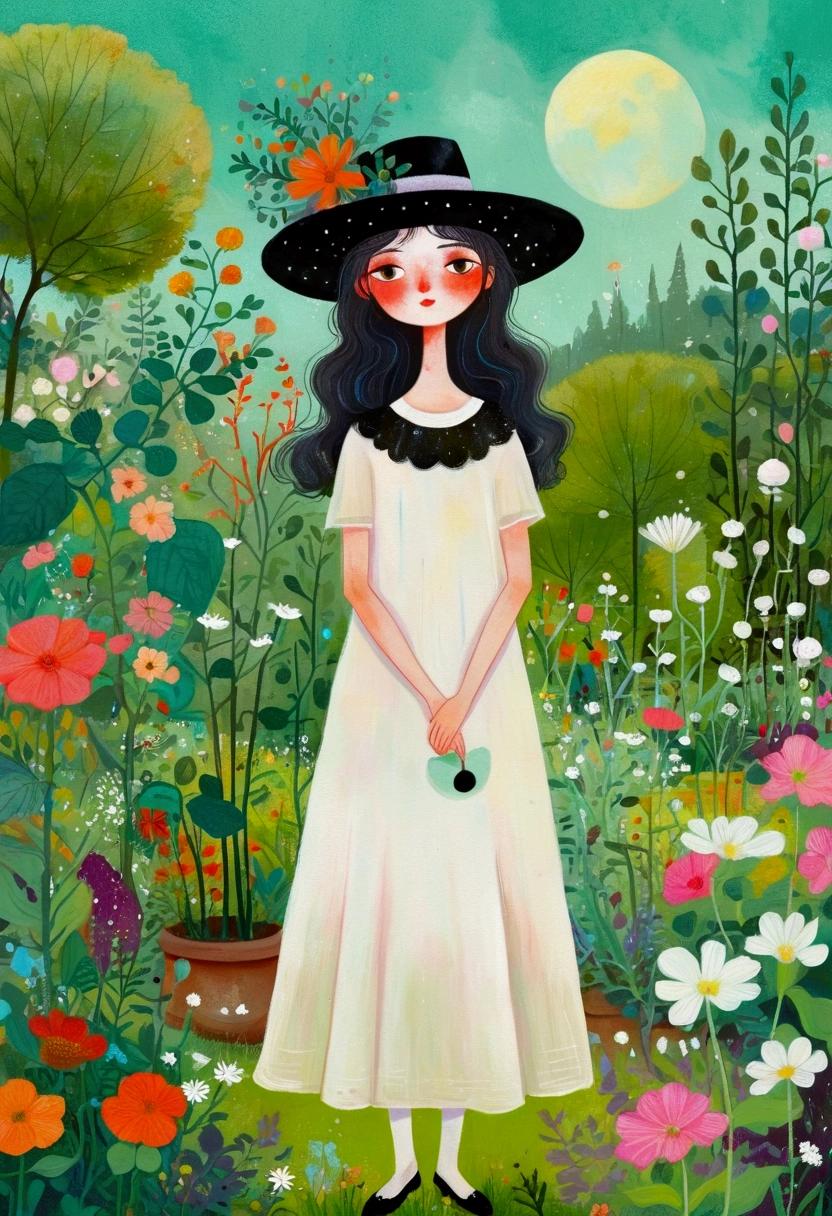 painting of a woman in a white dress and black hat standing in the garden, Surrealism Inspired by Camille Suter, tumblr, Childish Art, She is the center of the garden, Jane Newland, in the garden, Drawn in a whimsical style, in the garden, dreamy painting of coronavirus, illustration!, gardening, There is a garden